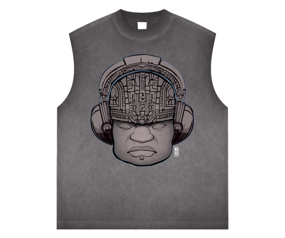 "Old Heads" reverse washed tank top front view grey color with Olmec head artwork