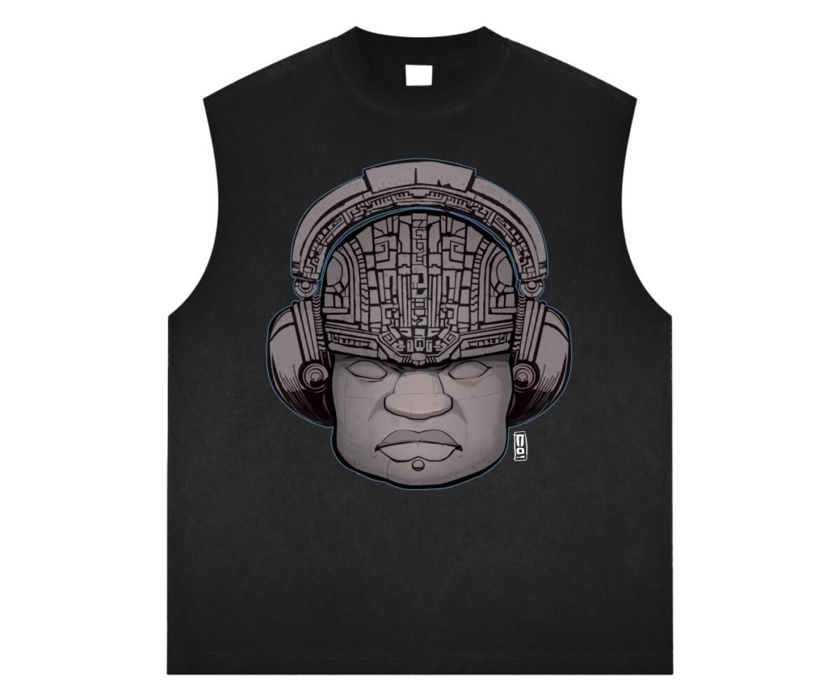 "Old Heads" reverse washed tank top front view with Olmec heart artwork.