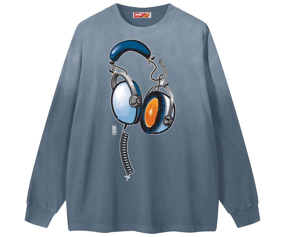 "juice" gradient washed long sleeve t shirt front view grey blue color with vintage headphones art