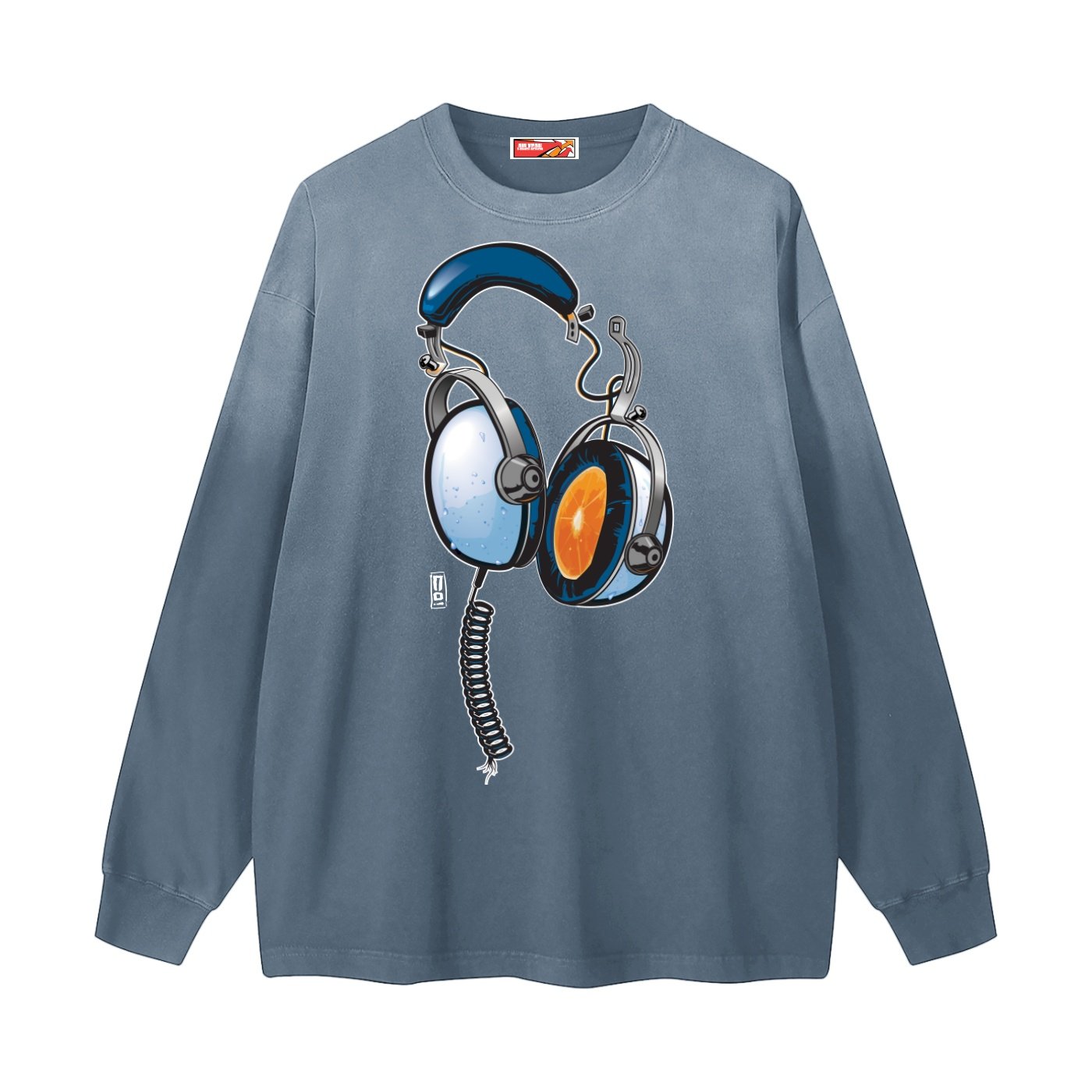 "juice" gradient washed long sleeve t shirt front view grey blue color with vintage headphones art