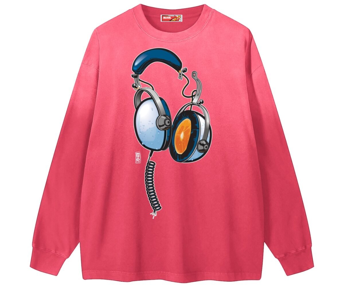"juice" gradient washed long sleeve t shirt front view with vintage headphones art