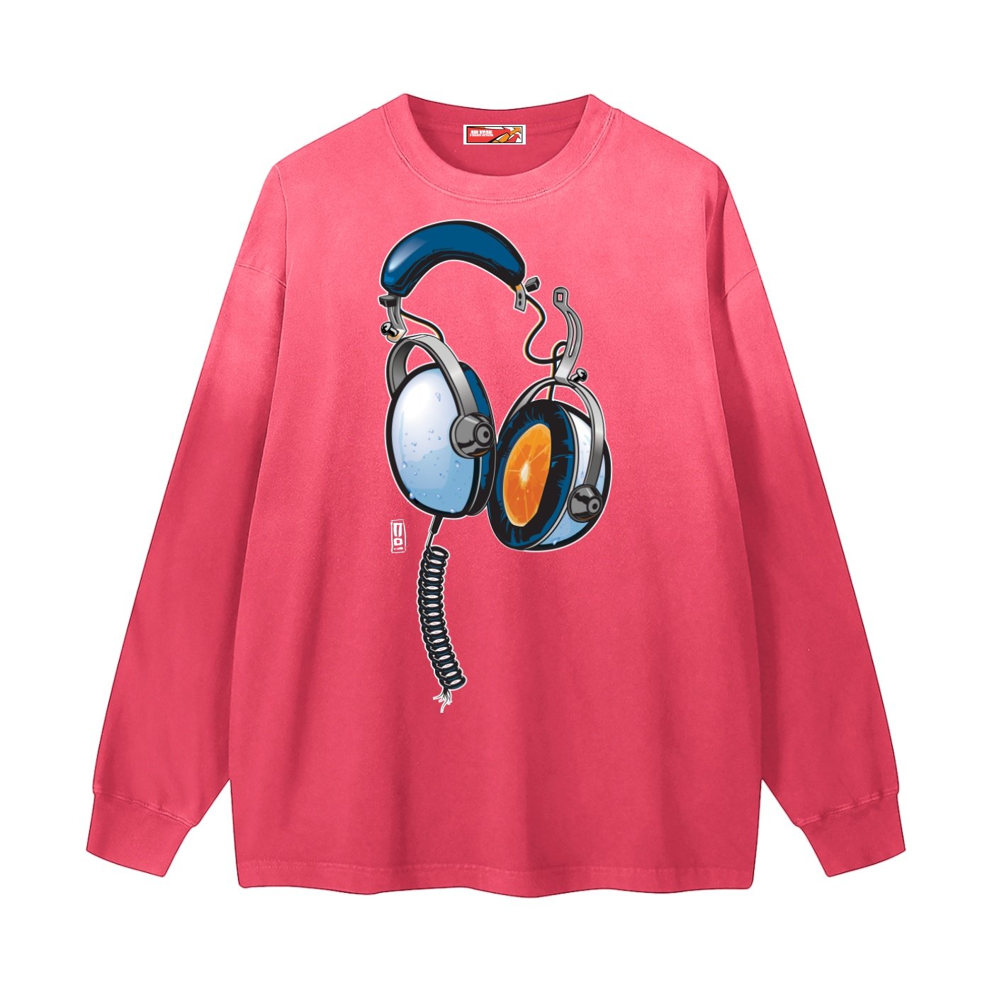 "juice" gradient washed long sleeve t shirt front view with vintage headphones art