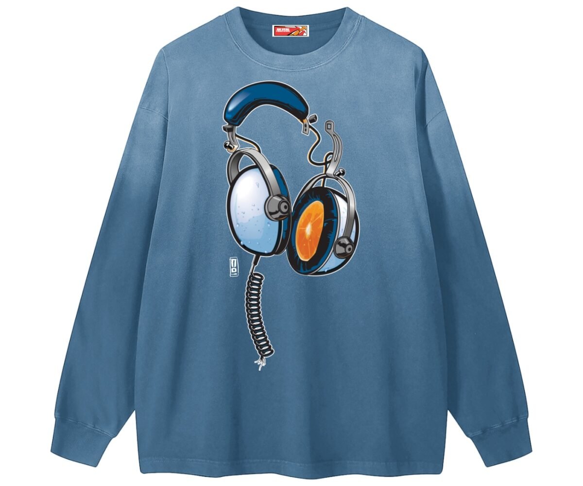 "juice" gradient washed long sleeve t shirt front view jeans blue color with vintage headphones art