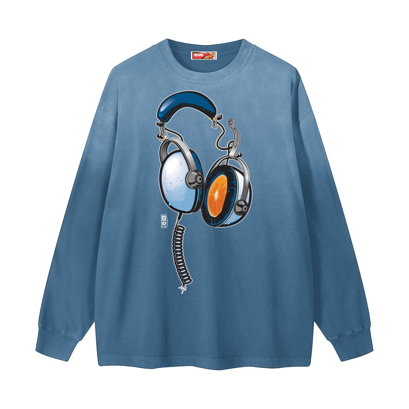 "juice" gradient washed long sleeve t shirt front view jeans blue color with vintage headphones art