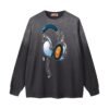 "juice" gradient washed long sleeve t shirt front view black color with vintage headphones art