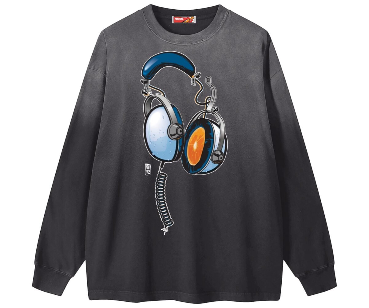 "juice" gradient washed long sleeve t shirt front view black color with vintage headphones art
