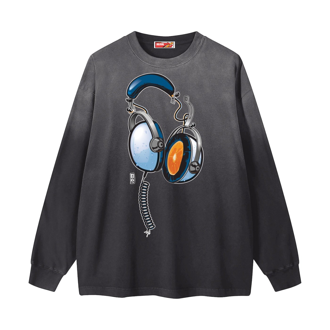 "juice" gradient washed long sleeve t shirt front view black color with vintage headphones art