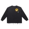 "yeesh" snow wash raw edge cotton t shirt front view black color with grimace emoji and small artist logo