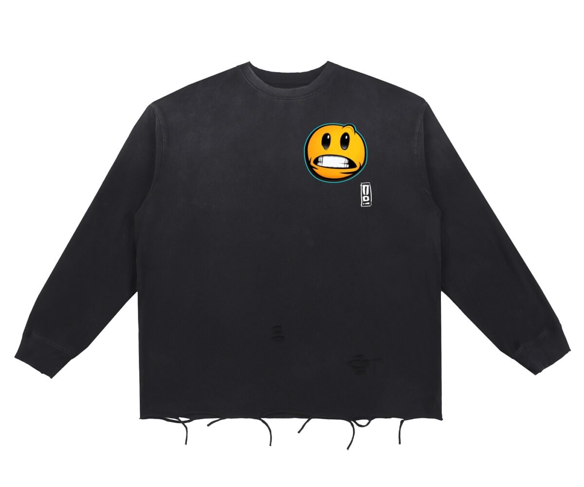 "yeesh" snow wash raw edge cotton t shirt front view black color with grimace emoji and small artist logo