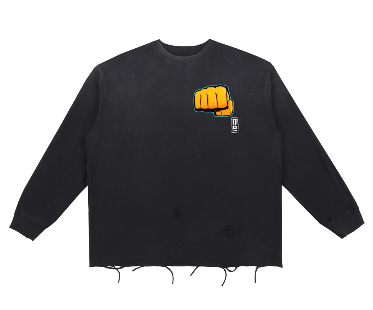 "punch" snow wash raw edge cotton t shirt front view black color with fist emoji and small artist logo