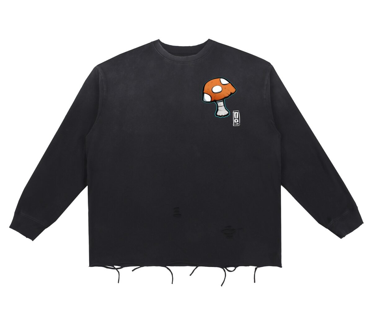 "Shroom" snow wash raw edge cotton t shirt front view black color with mushroom emoji and small artist logo