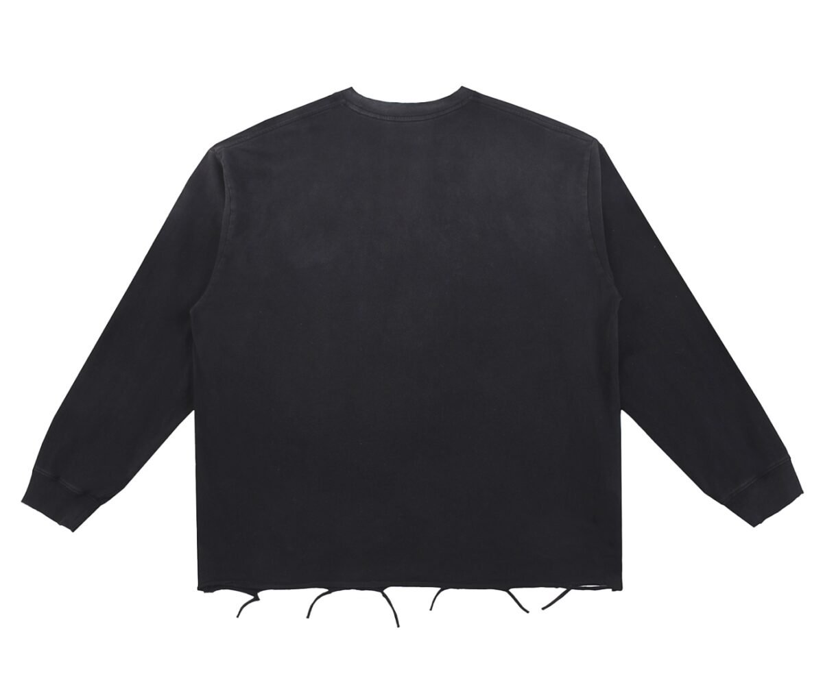 "yeesh" snow wash raw edge cotton t shirt back view black color