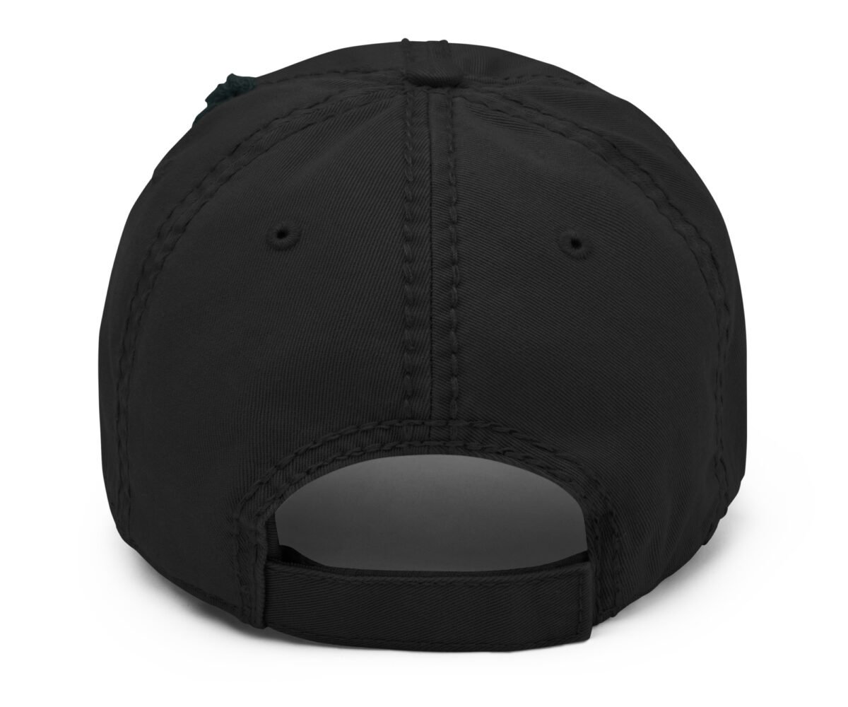 "a game" distressed ball cap. back view, black color.