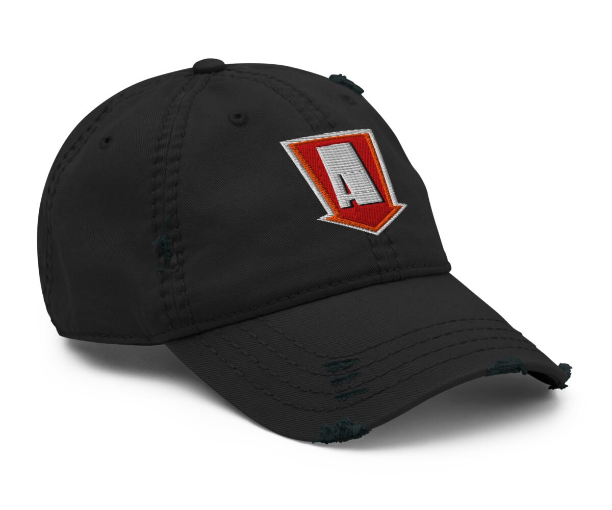 "a game" distressed ball cap three quarter front view black color