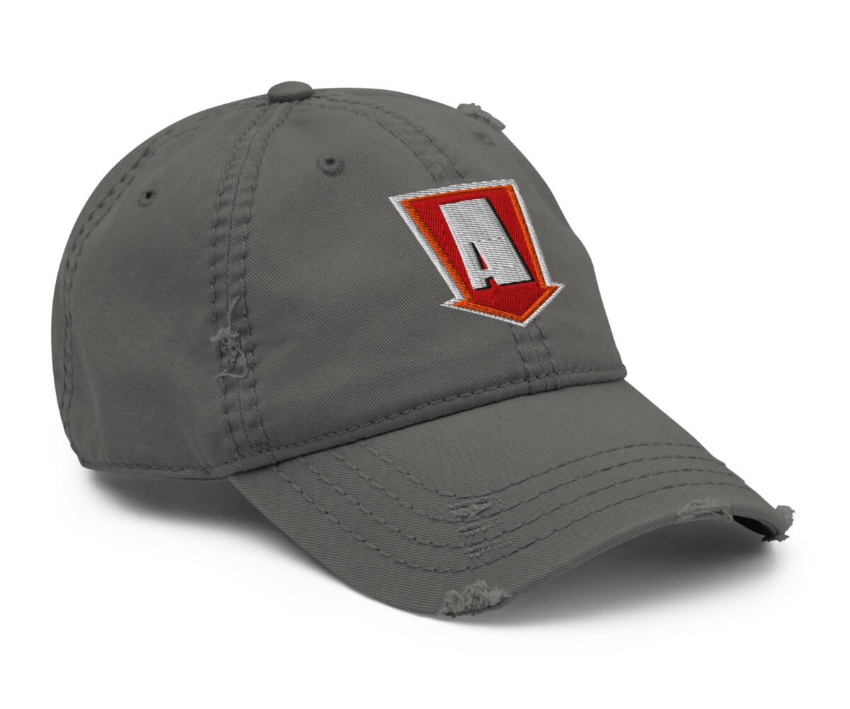 "a game" distressed ball cap three quarter front view charcoal grey color