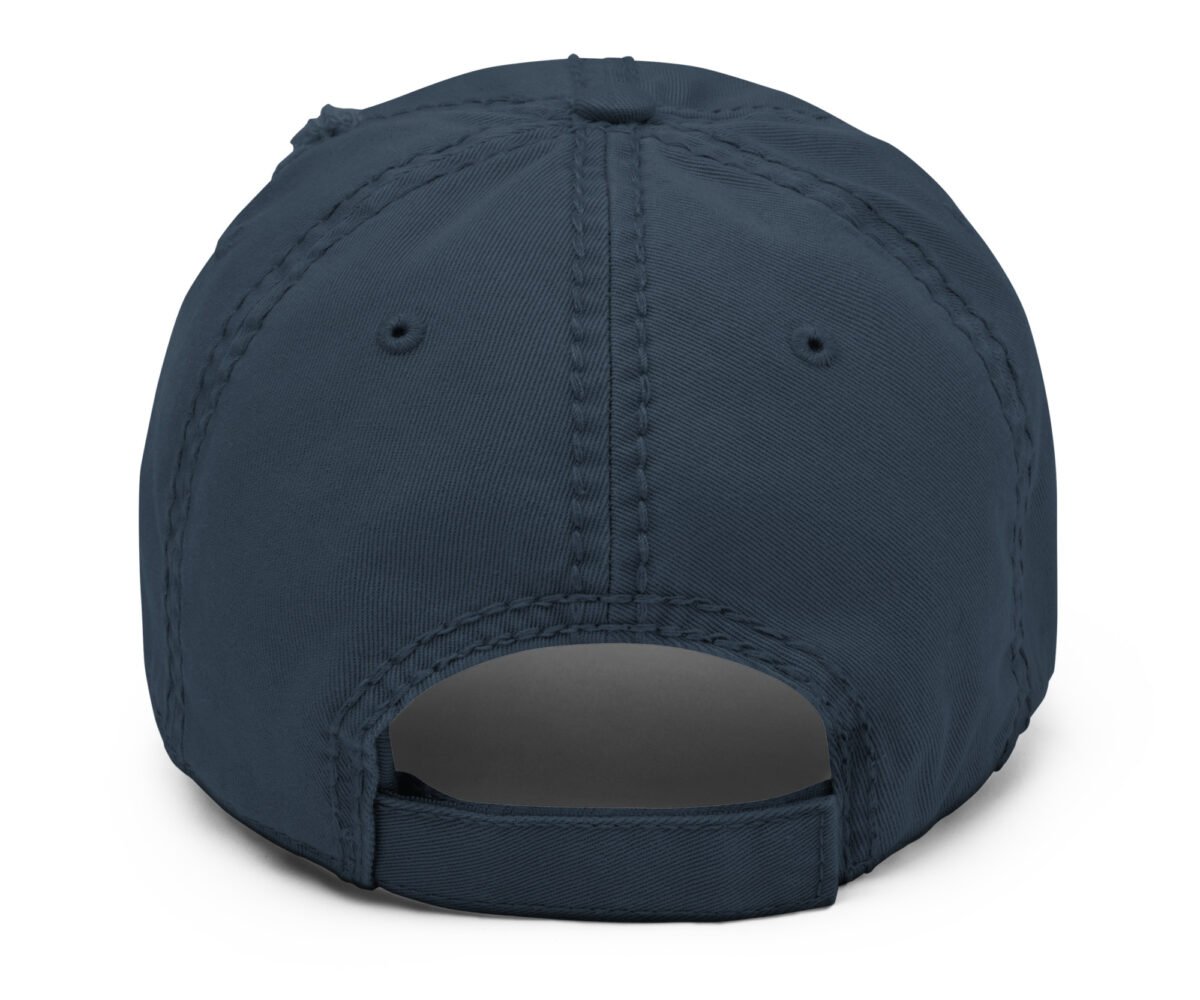"a game" distressed ball cap. back view, navy blue color.