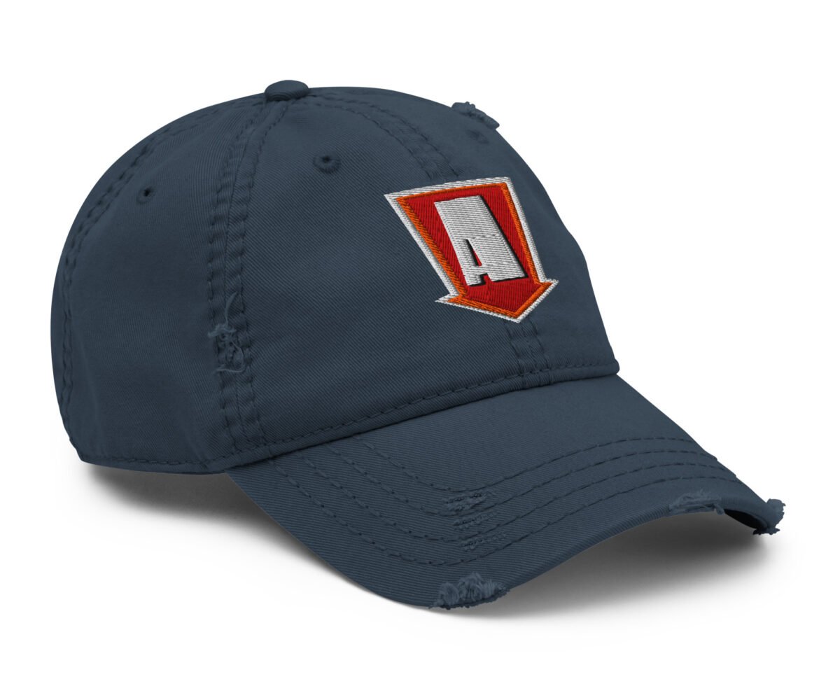 "a game" distressed ball cap three quarter front view navy color