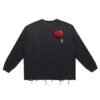 "heart" snow wash raw edge cotton t shirt front view black color with heart emoji and small artist logo