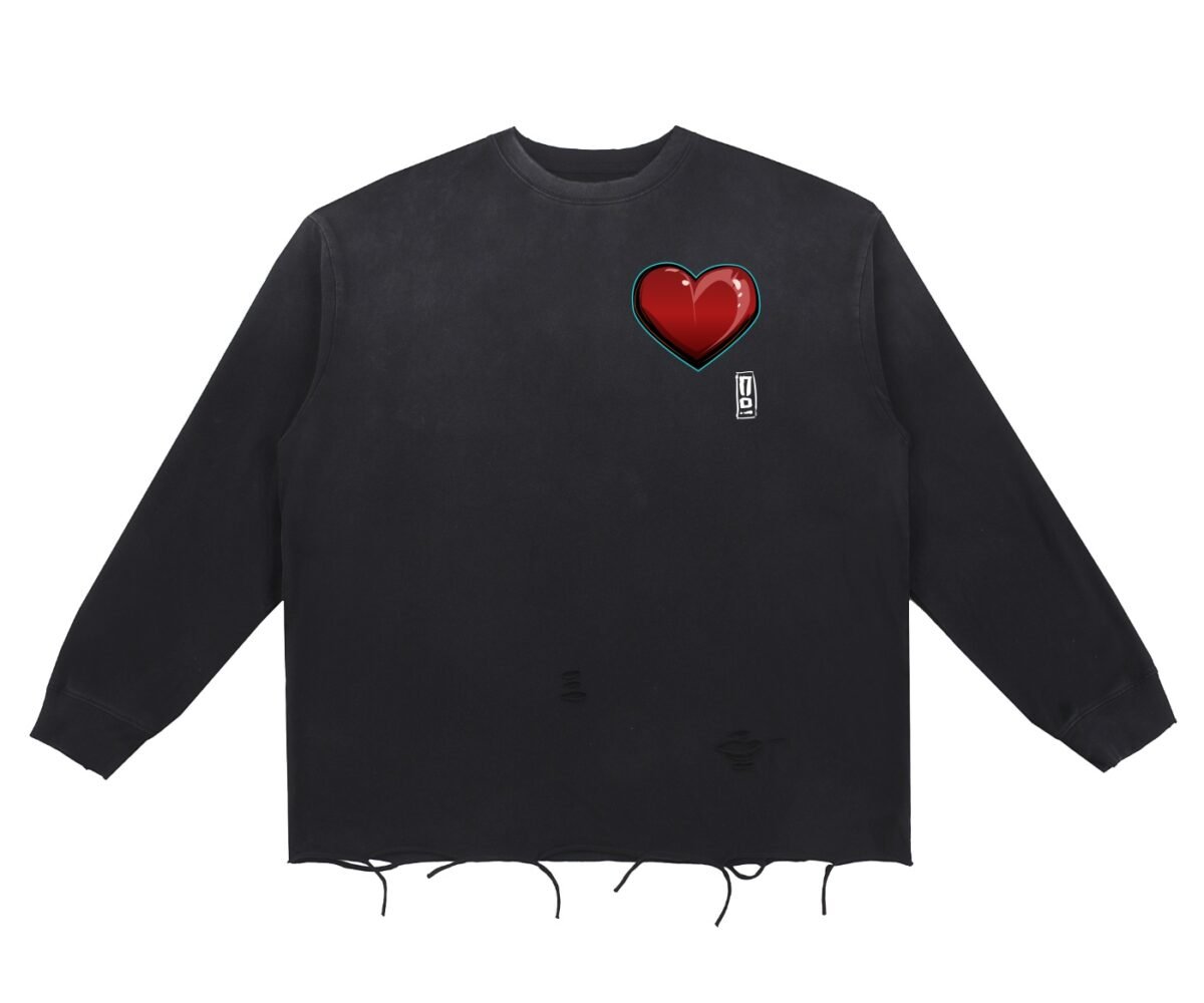"heart" snow wash raw edge cotton t shirt front view black color with heart emoji and small artist logo