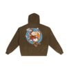 "Pisces" back view grey green colored sweat shirt. Hand frayed and sun faded with koi fish design.