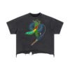 "Peas" front view black colored boxy fit vintage wash t-shirt with distressed hem. Pea Pod and headphone jack design graphic.