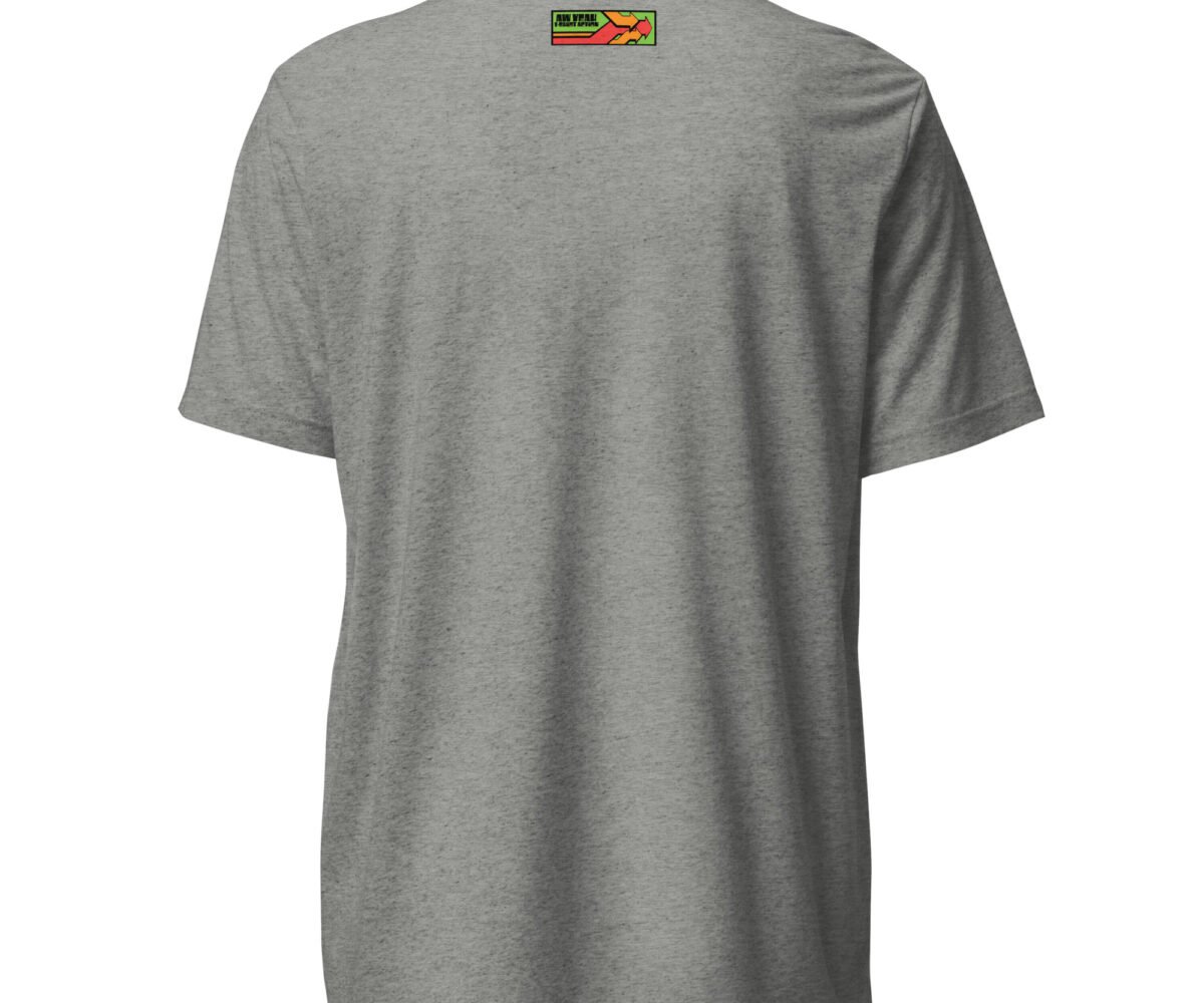 "Murder" back view athetic grey colored t-shirt with company logo near top.