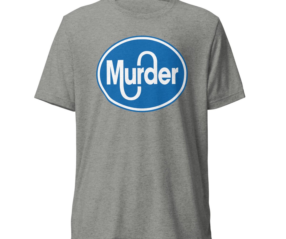 "Murder" front view athletic grey colored t-shirt with large murder logo design.