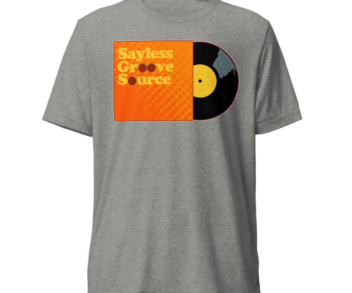 "Say Less" front view athletic colored t-shirt with album cover and record graphic.