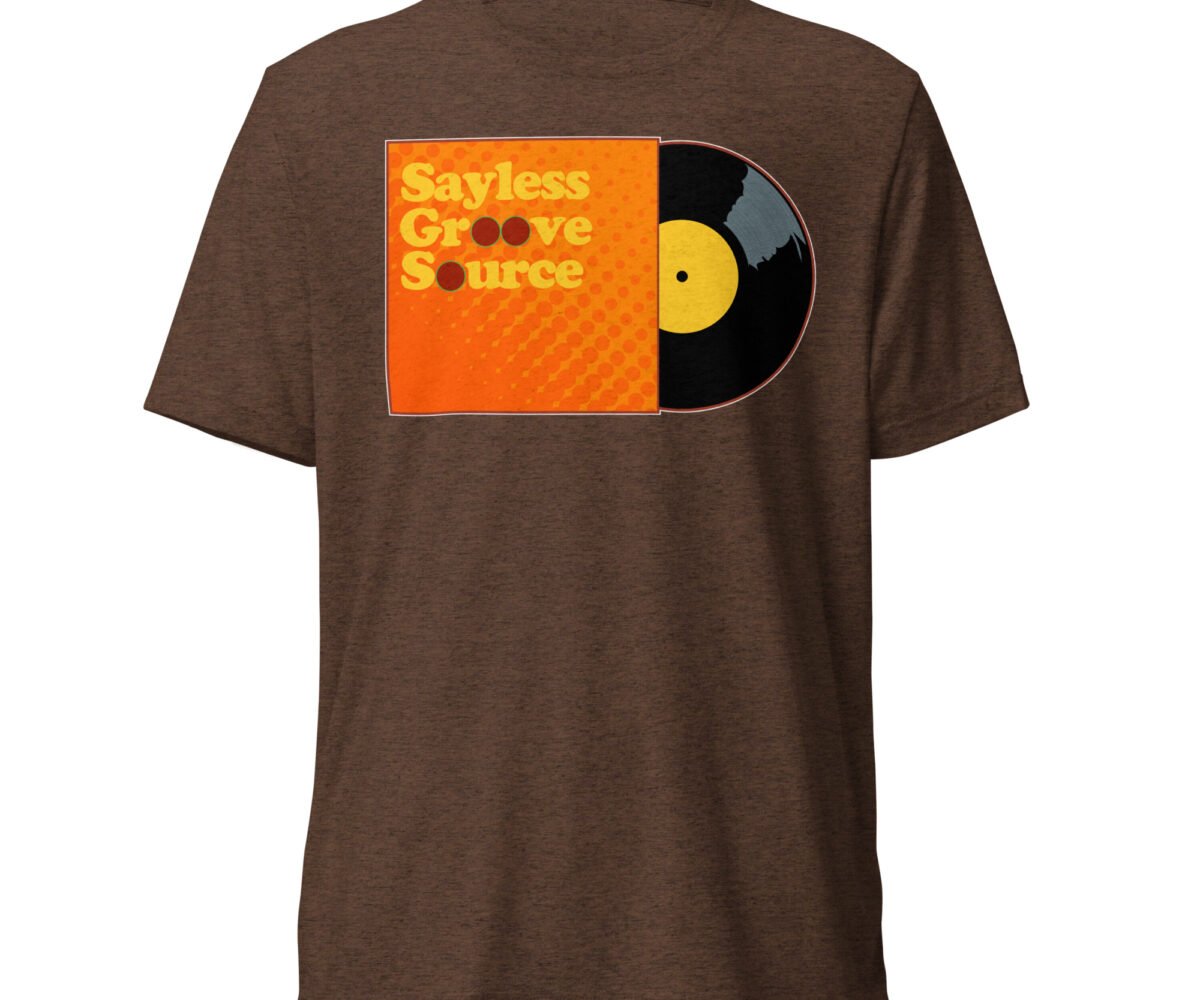 "Say Less" front view brown colored t-shirt with album cover and record graphic.