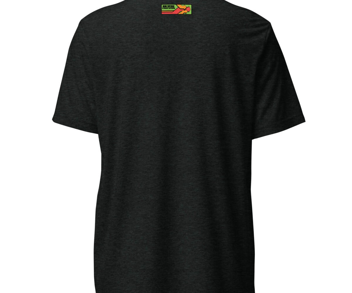 "Say Less" back view black colored t-shirt with company logo near top.