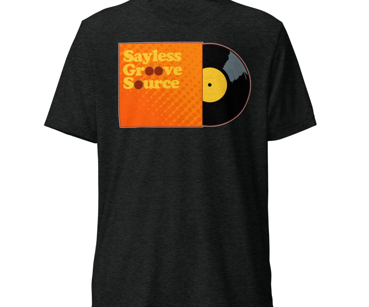 "Say Less" front view black colored t-shirt with album cover and record graphic.