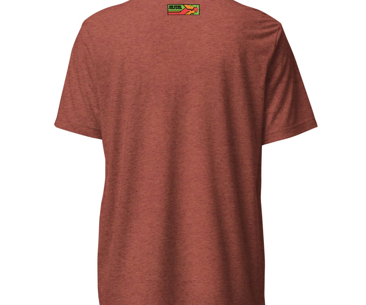 "Say Less" back view red clay colored t-shirt with company logo near top.