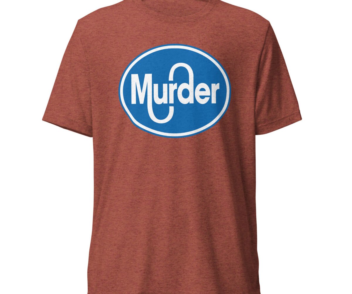 "Murder" front view red clay colored t-shirt with large murder logo design.