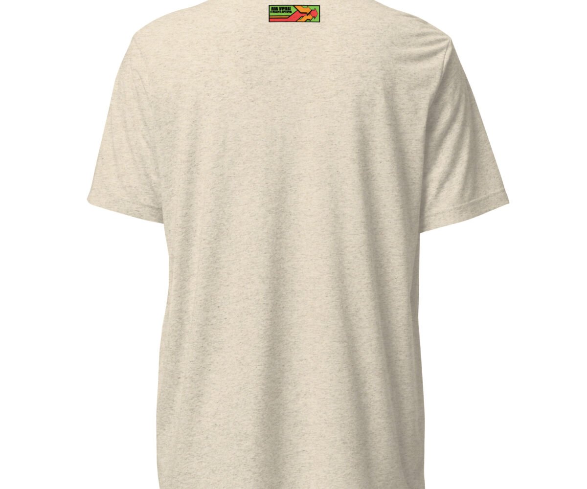 "Murder" back view oatmeal colored t-shirt with company logo near top.