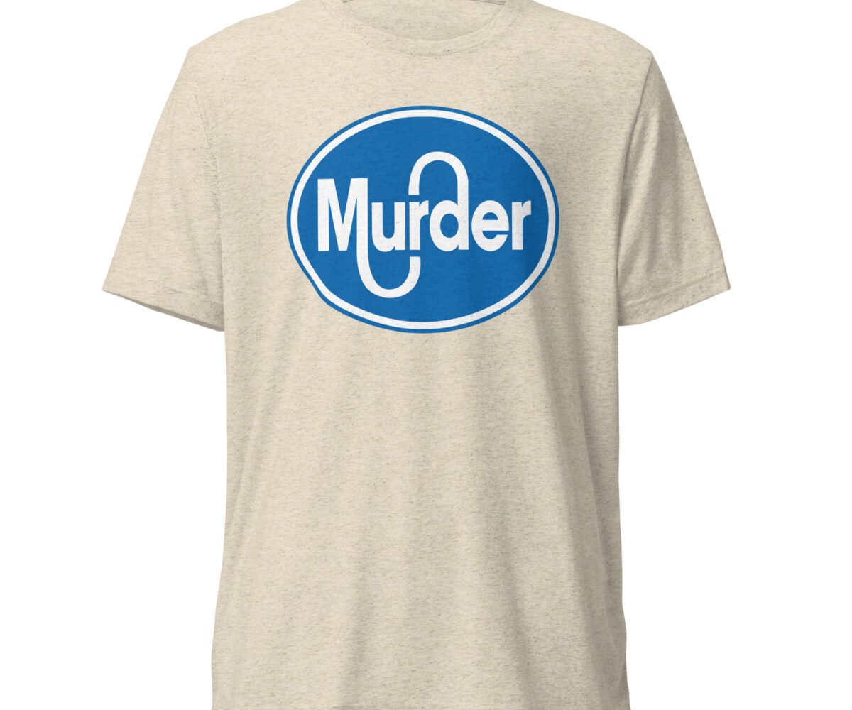 "Murder" front view oatmeal colored t-shirt with large murder logo design.