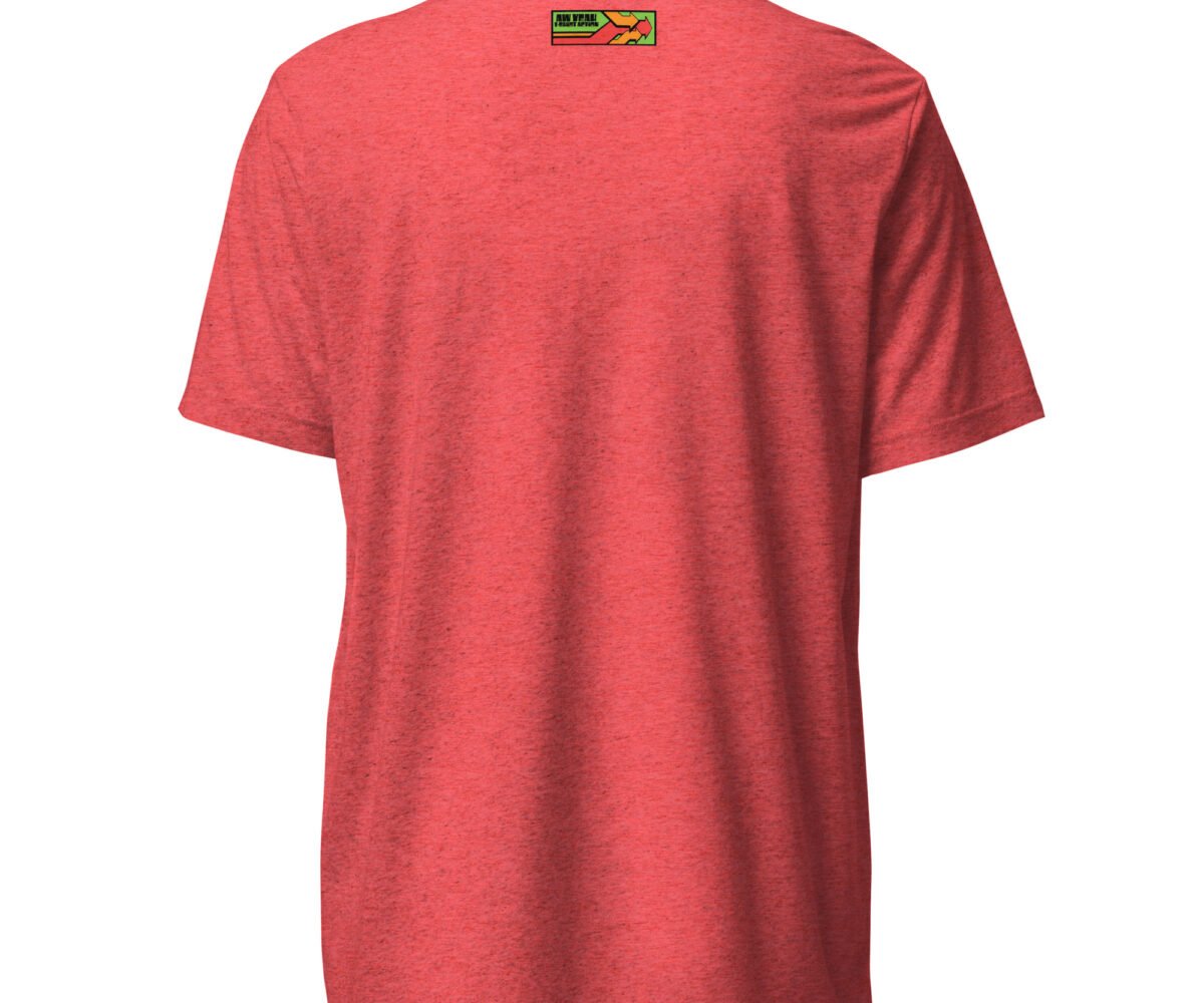 "Murder" back view red colored t-shirt with company logo near top.