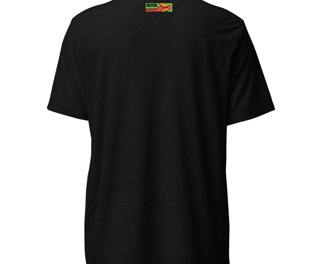 "Murder" back view black colored t-shirt with company logo near top.