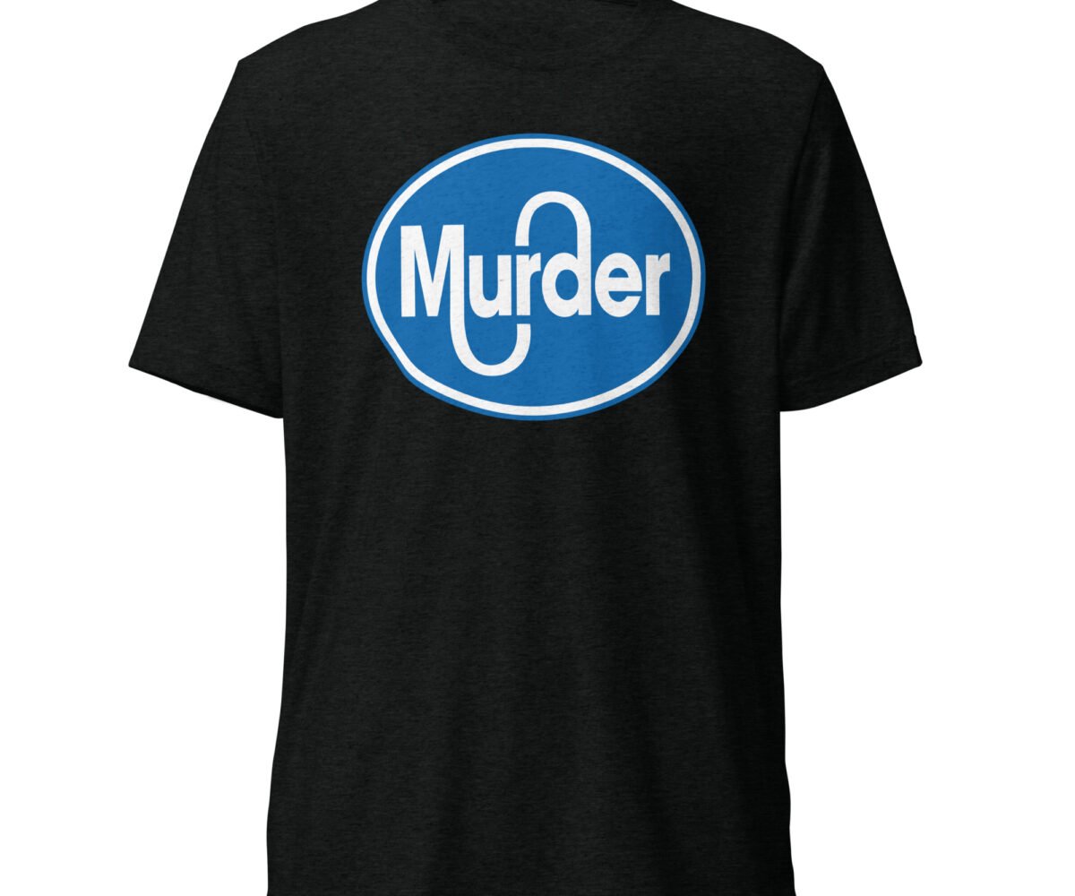 "Murder" front view black colored t-shirt with large murder logo design.