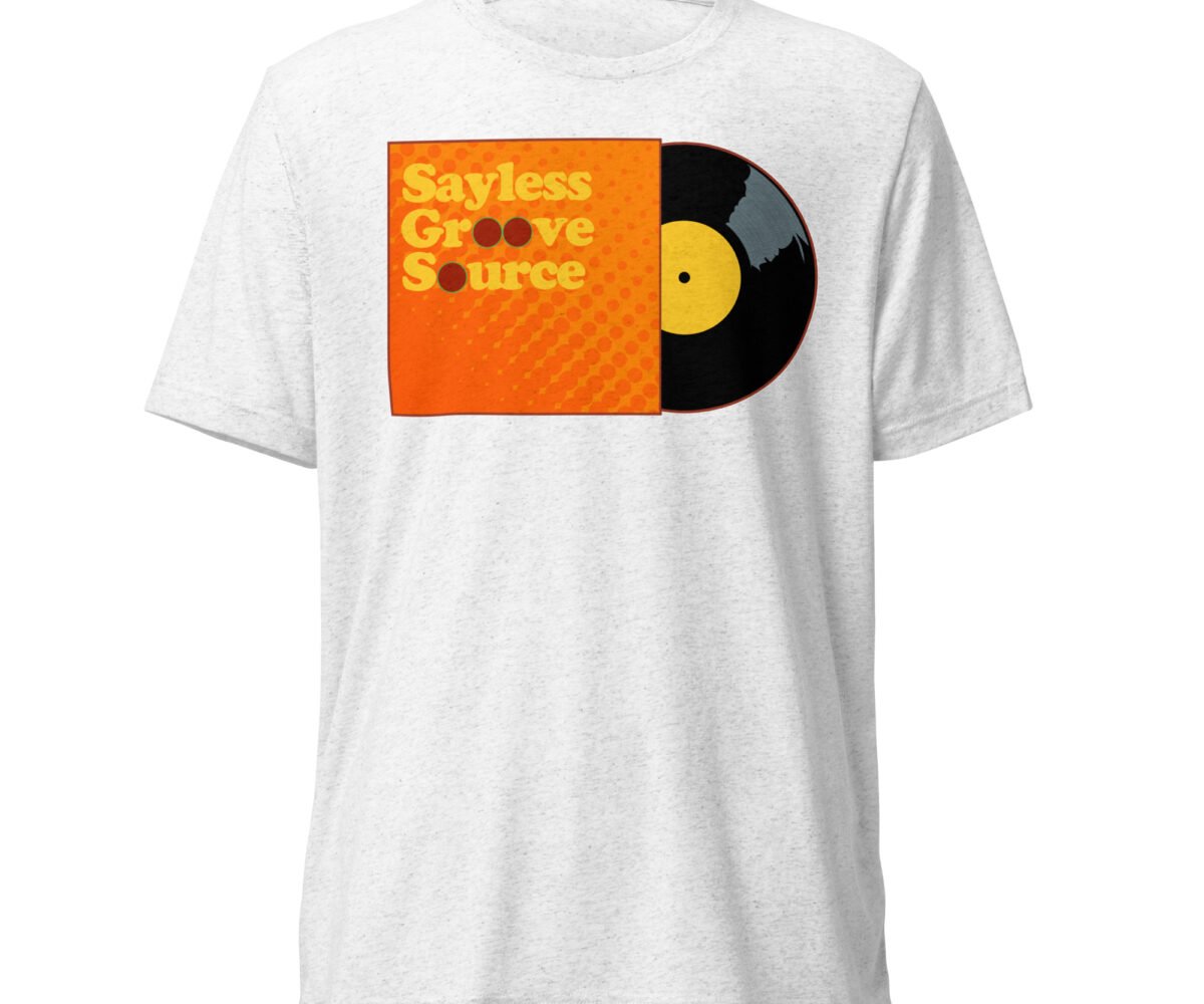 "Say Less" front view white colored t-shirt with album cover and record graphic.