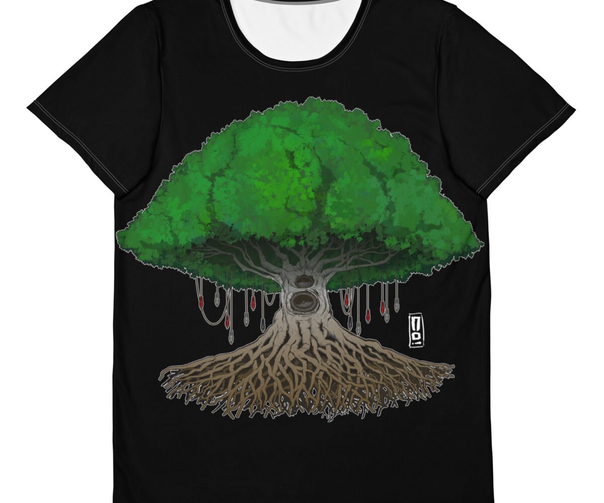 Kenwood black color front view with graphic design. The design is a oak tree with speakers mounted in the trunk and RCA cables hanging from the branches.