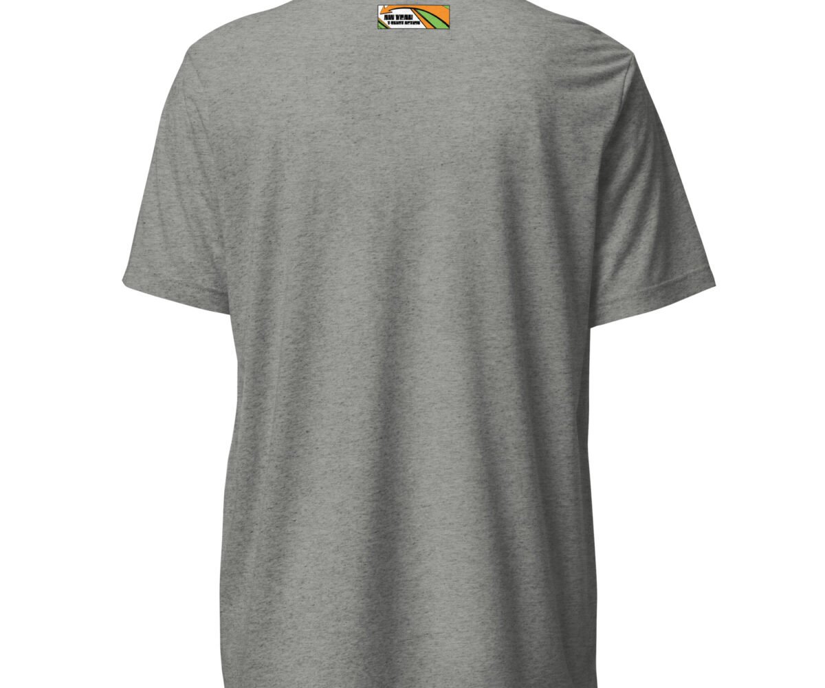 AYTA athletic grey colored t-shirt with small company logo near neckline rear view.