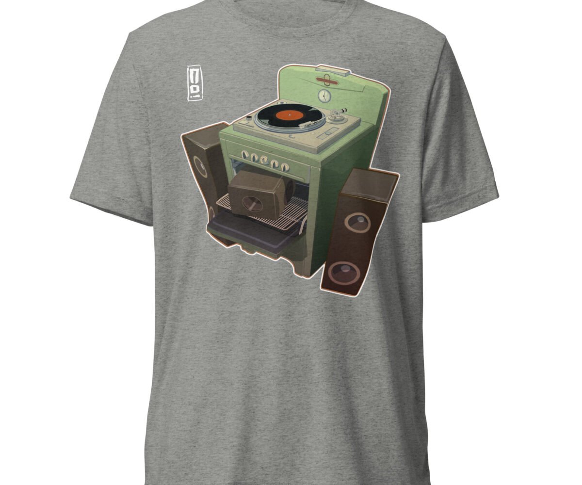 Oven Fresh Grey colored t-shirt front view with design. Design is a turntable on a stovetop with two speakers on opposite side of the stove.