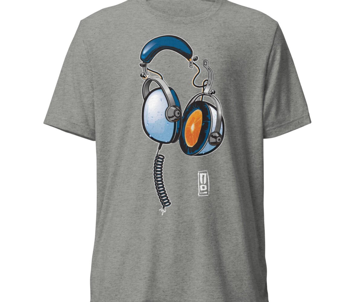 Juice athletic grey colored t-shirt front view with headphone design.