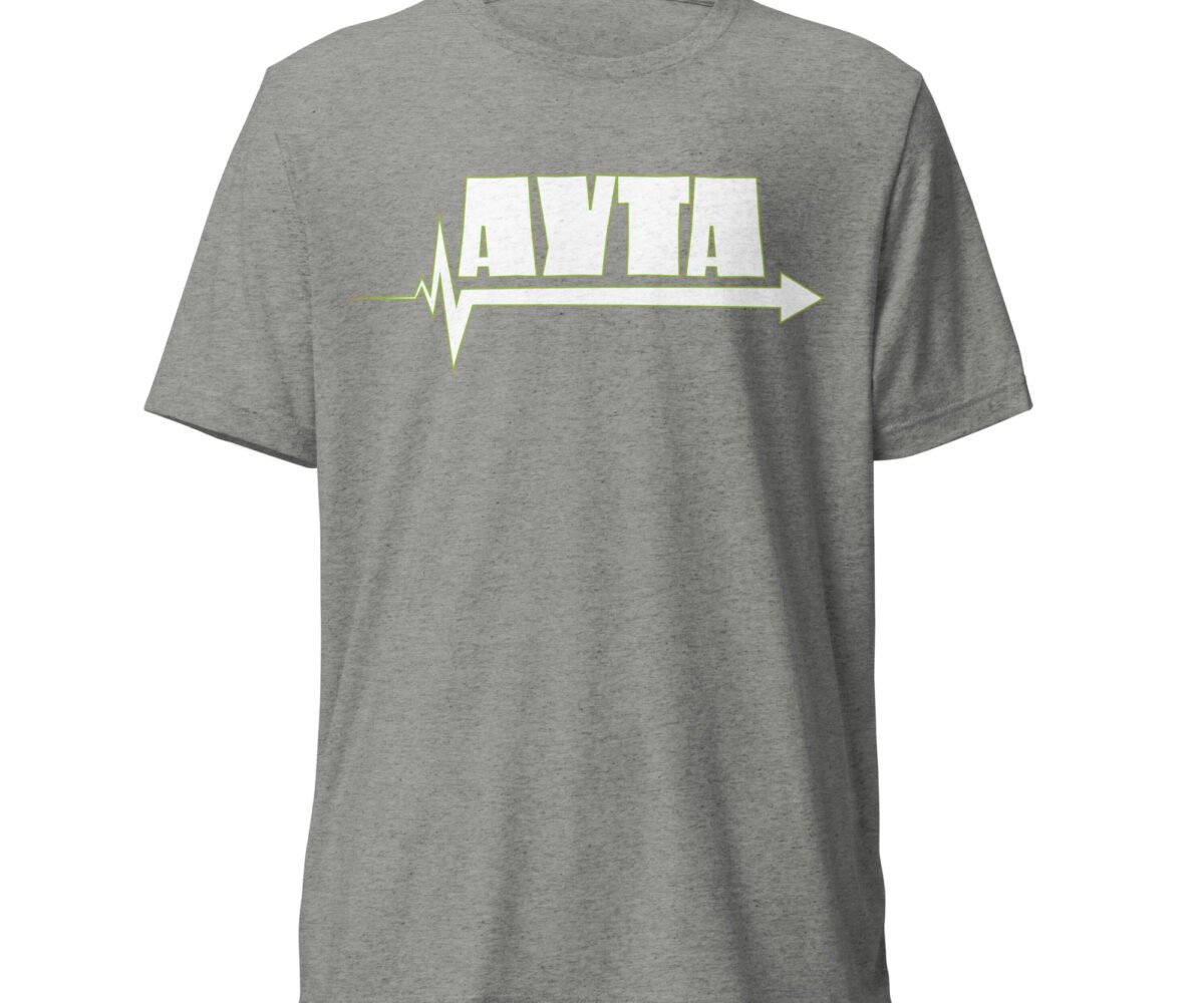 AYTA Athletic Grey colored t-shirt with company logo front view. Logo are the letters A Y T A over an arrow pointed to the right.