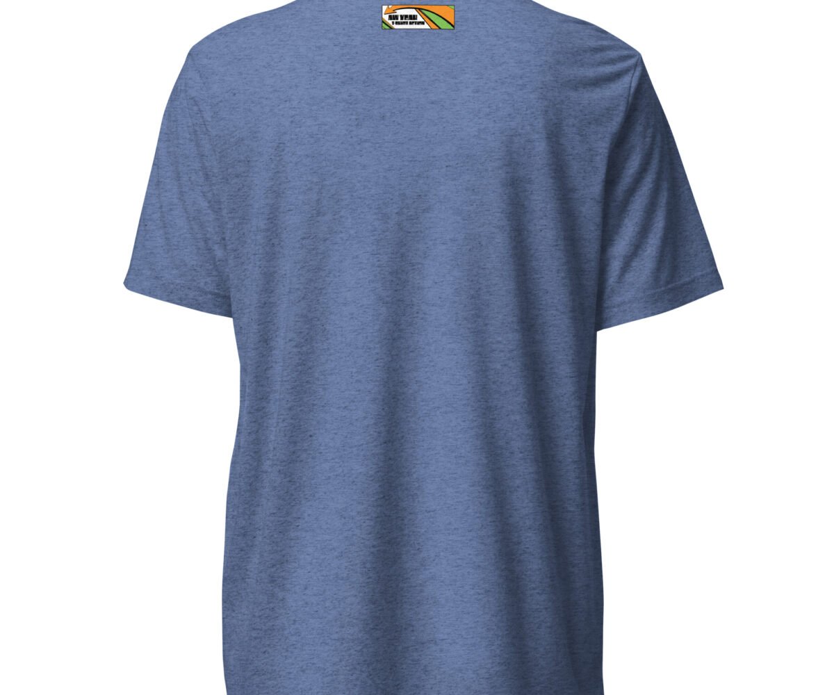 AYTA blue colored t-shirt with small company logo near neckline rear view.