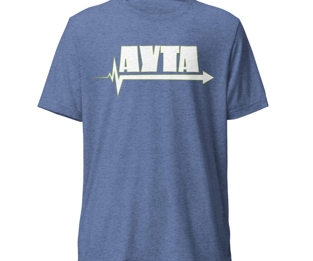 AYTA Blue colored t-shirt with company logo front view. Logo are the letters A Y T A over an arrow pointed to the right.