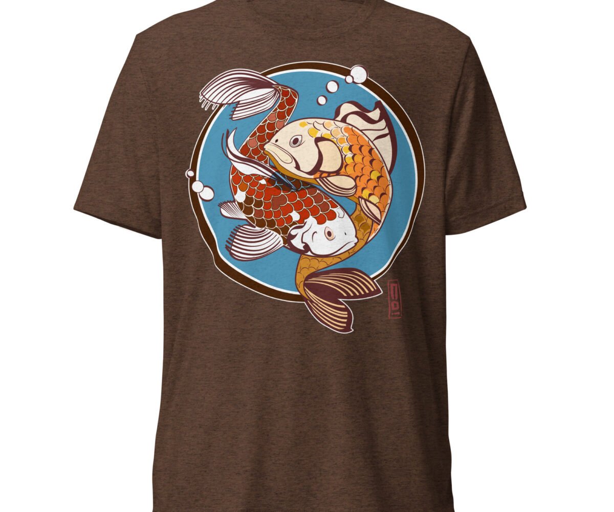 Pisces brown colored t-shirt front view with koi fish design.