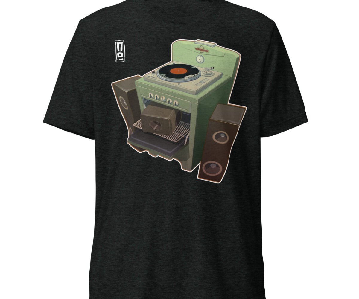 Oven Fresh Charcoal colored t-shirt front view with design. Design is a turntable on a stovetop with two speakers on opposite side of the stove.