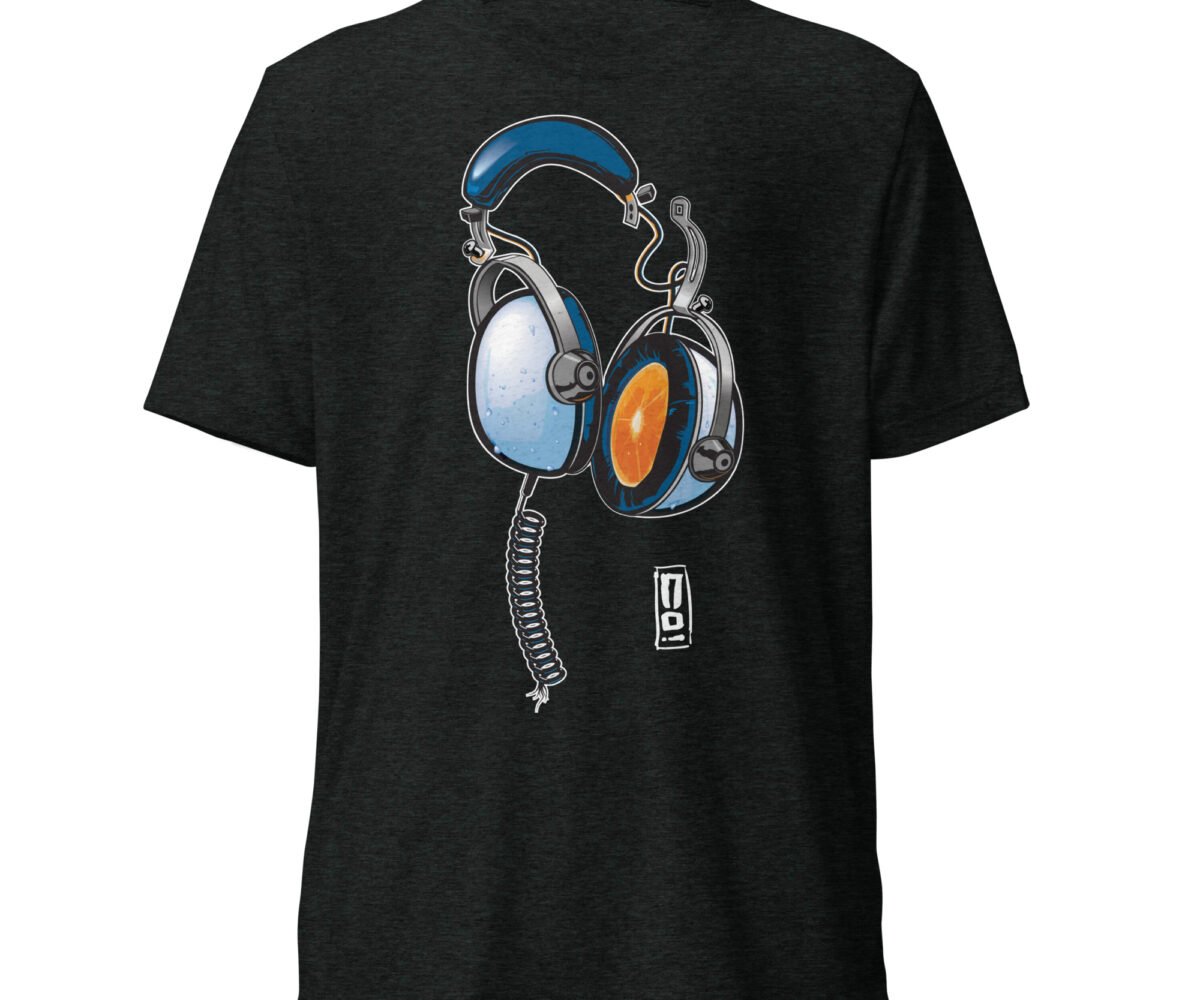 Juice charcoal black colored t-shirt front view with headphone design.