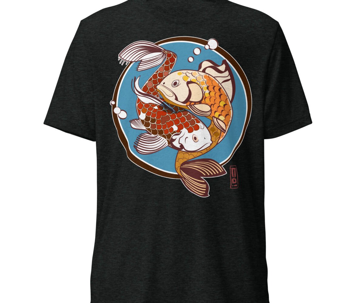 Pisces charcoal black colored t-shirt front view with koi fish design.